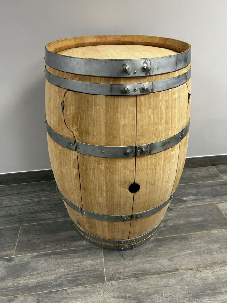 Bar tourniquet en tonneau chêne massif – Meuble bar rotatif artisanal